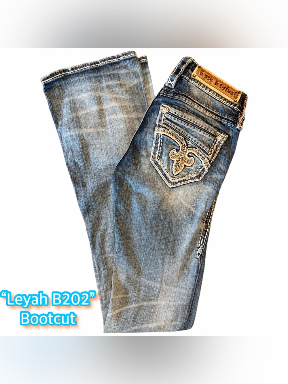 Rock Revival Leyah Light Wash Bootcut Jeans with Embroidered Pockets Size 24